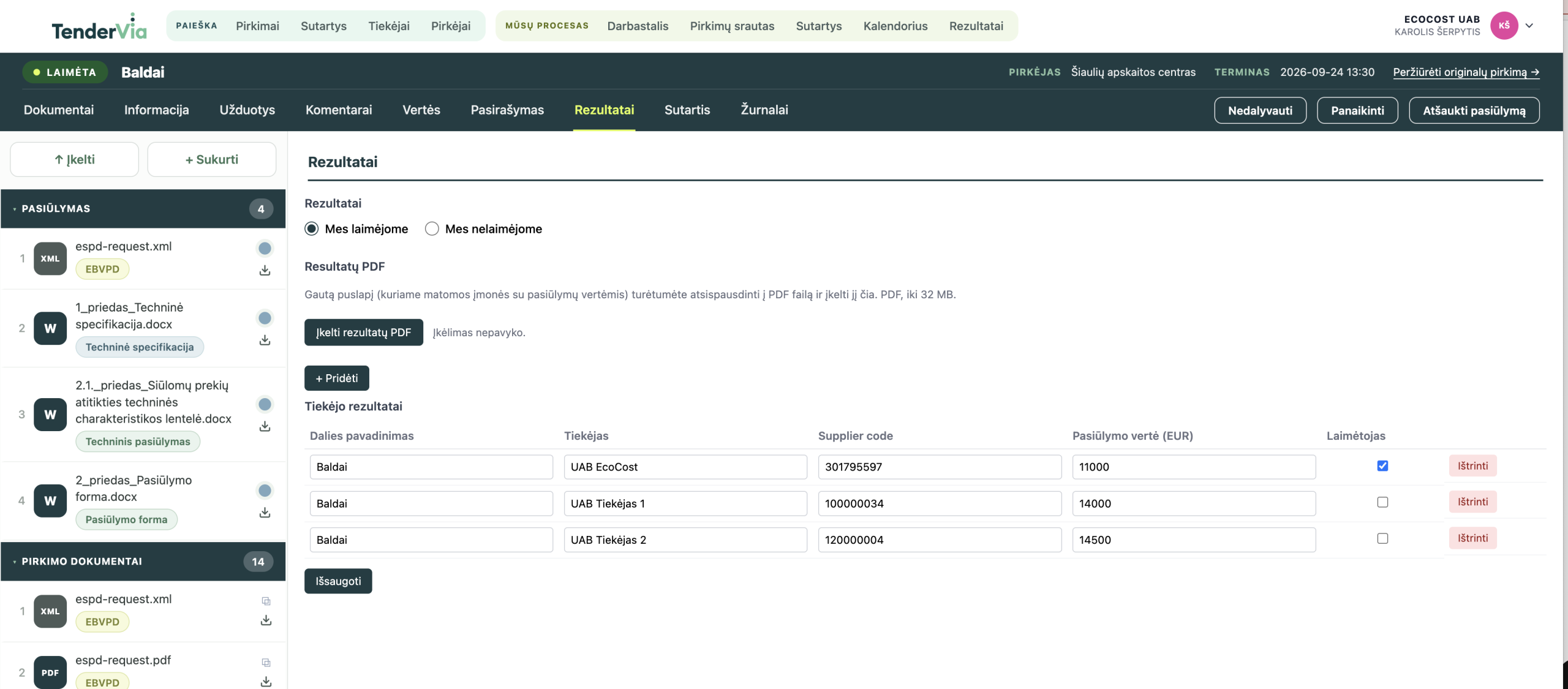 Pirkimo rezultatų registravimas su AI